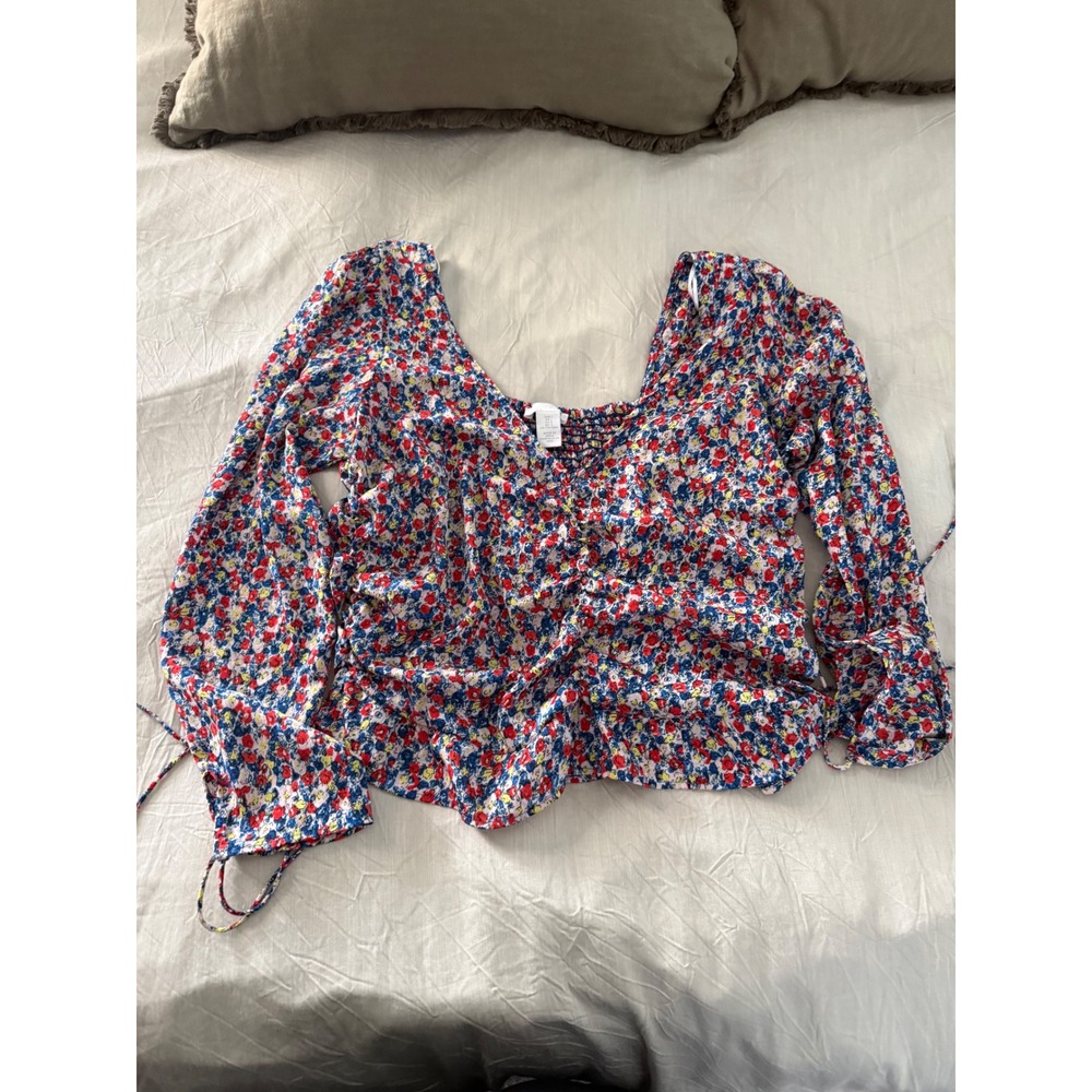 H&M Floral Long Sleeve Top Smocked Ruffle Tie Detail Cottagecore Summer
